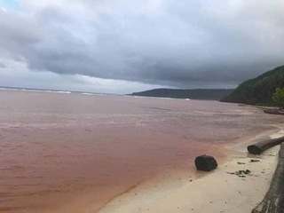 The contaminated water in Kangava Bay bleeds red.